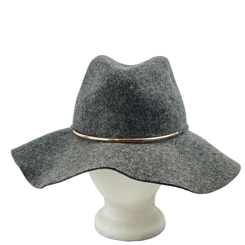 World Market Floppy Brim Gray Wool Hat Womens 22" Wide Brim Copper Accent